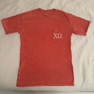 Comfort Colors Coral Pocket Tee with Chi Omega Letters - XO